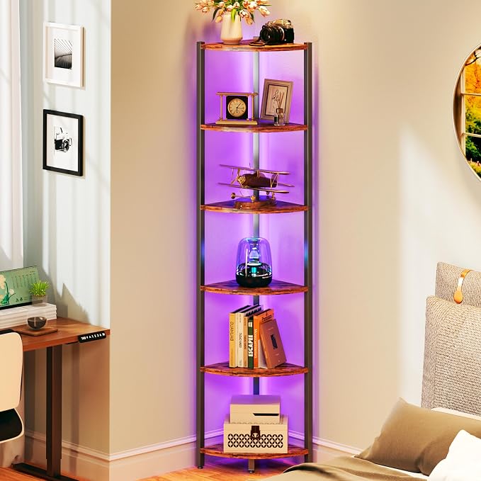 Corner Shelf with LED Lights, 6-Tier Corner Bookshelf, Rustic Brown - Image 9