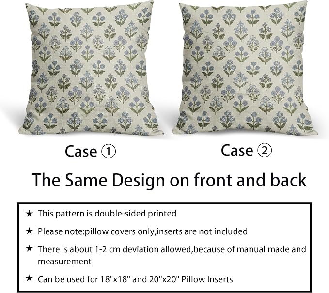 Blue Green Block Print Pillow Covers 16x16 Inch Set of 2, Vintage Floral Spring - Image 6