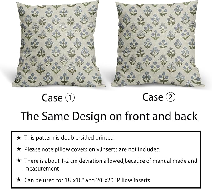 Blue Green Block Print Pillow Covers 20x20 Inch Set of 2, Vintage Floral Spring - Image 6