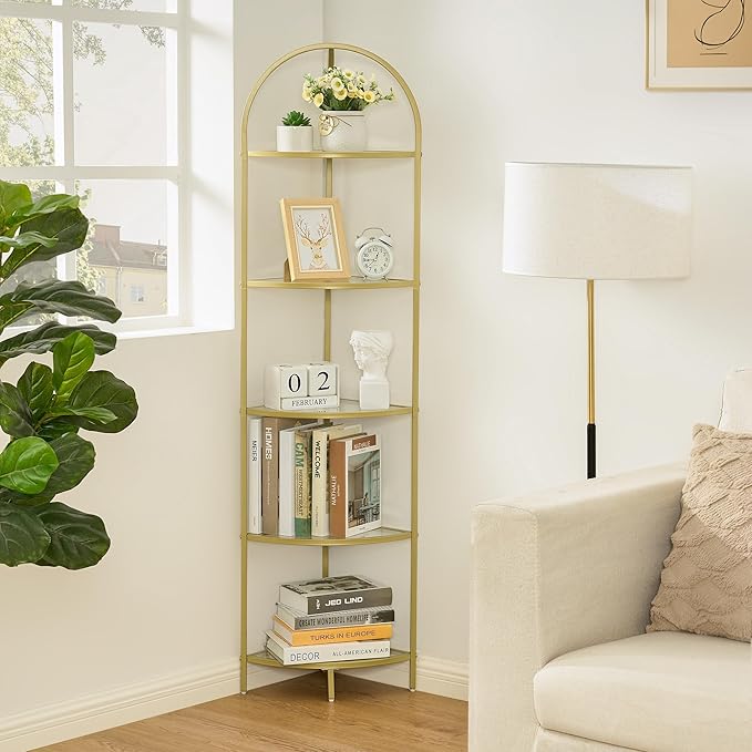 Homhedy 5-Tier Corner Shelf Stand, Metal Corner Bookshelf, Tempered Glass by Homhedy