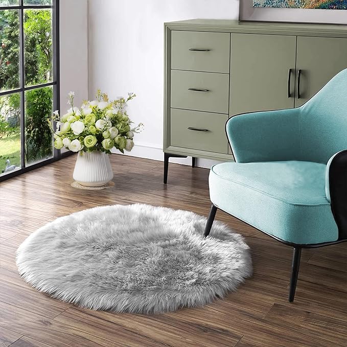 Latepis Round Grey Rugs 6.7ft Faux Sheepskin Fur Circle Rug Fluffy Rugs - Image 7