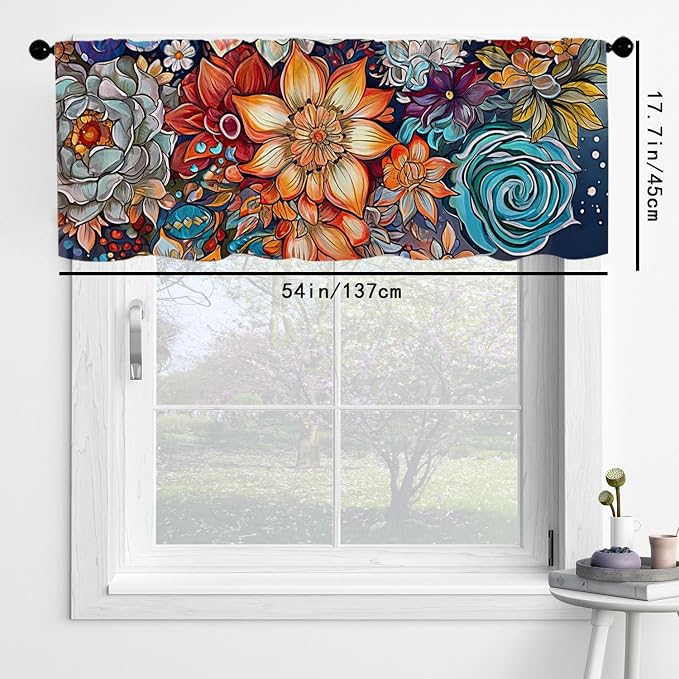 Boho Flower Kitchen Curtains Colorful Oil Painting Flowers Design - Image 3
