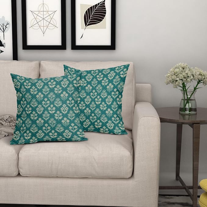 Teal Floral Pillow Covers 22x22 Inch Set of 2, Vintage Flower Block Print - Image 7