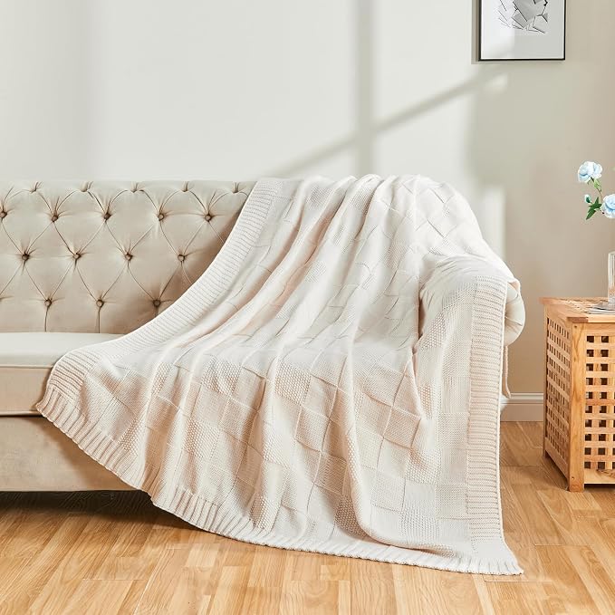 CozeCube Check Knit Throw Blanket, Cream White Checkered Throw - Image 4