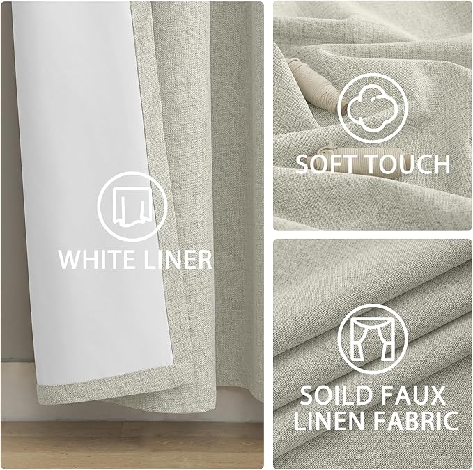 Yakamok Cream Linen Curtains 100% Blackout 72 Inches Long, Room Darkening - Image 6