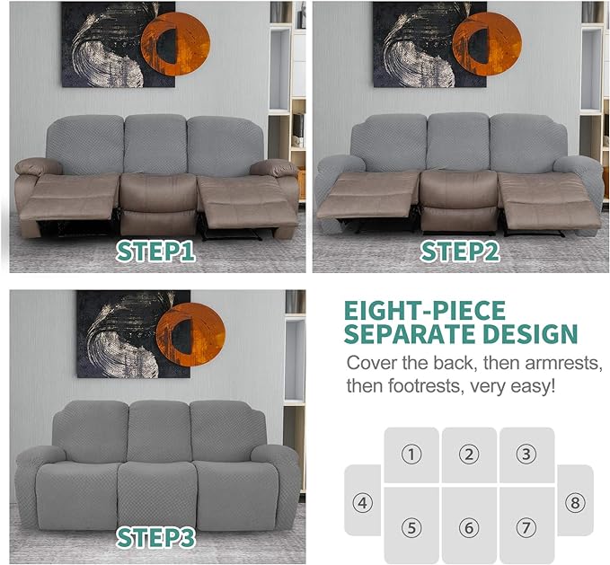 YEMYHOM 8 Pieces Stretch Recliner Sofa Cover Latest Jacquard Reclining Couch - Image 6