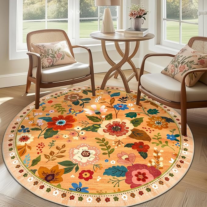 RELEANY Floral Nursery 6ft Area Rugs Washable Print Boho Cute Carpet Non Slip by RELEANY