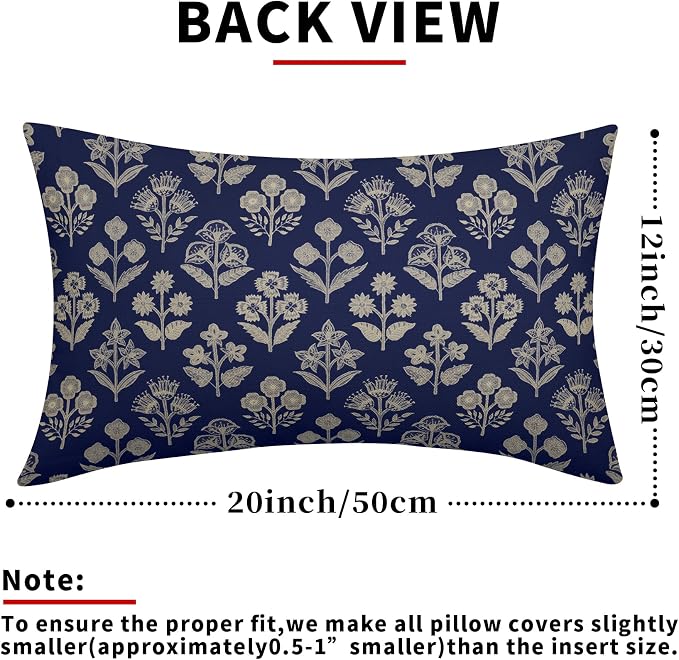 Navy Blue Pillow Covers 12x20 Inch Set of 2, Cream Floral Block Print Pattern - Image 3