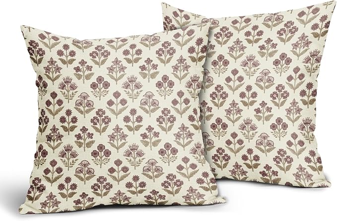Brown Burgundy Red Floral Block Print Pillow Covers 20x20 Inch Set of 2 - Image 2