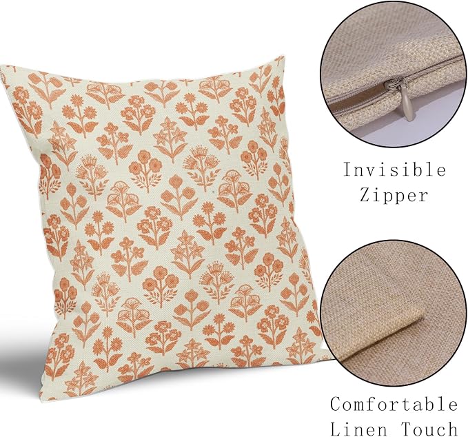 Orange Floral Pillow Covers 22x22 Inch Set of 2, Vintage Flower Block Print - Image 4
