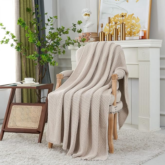 Chunky Cable Knit Throw Blanket Lightweight Beige 100% Organic Cotton Blanket - Image 3