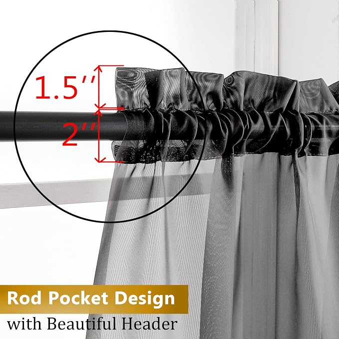 Aiyufeng 2 Panels Black Sheer Valance 14 Inch Length, Short Black Sheer Curtains - Image 3