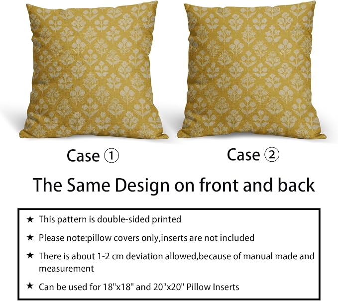 Yellow Floral Block Print Pillow Covers 16x16 Inch Set of 2, Vintage Flower - Image 6
