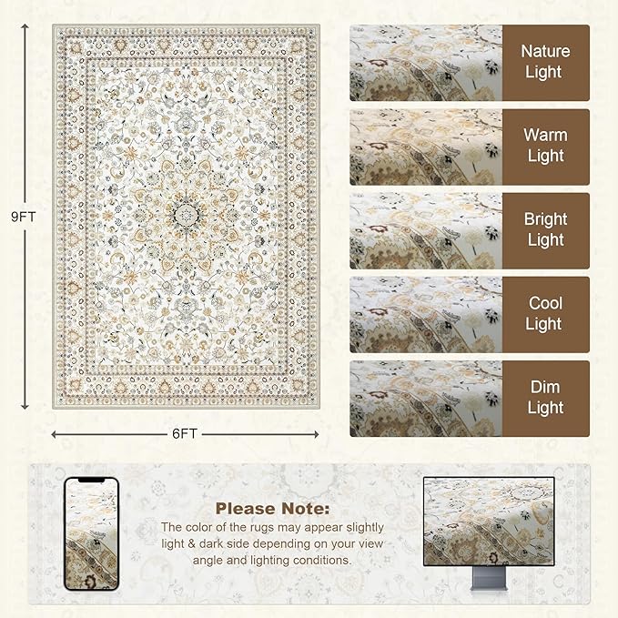 6x9 Area Rugs Living Room Rug: Washable Vintage Boho Rug No Slip Stain - Image 2