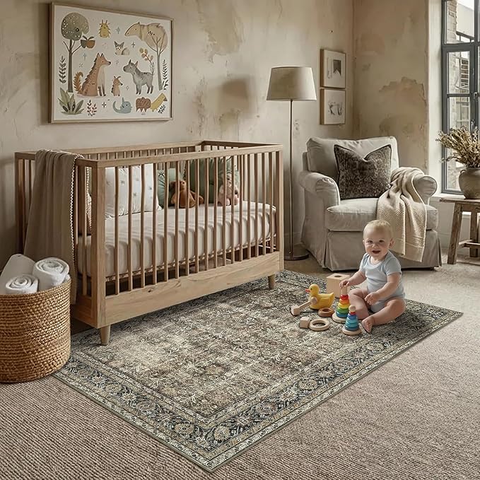 PureCozy Vintage Area Rug 3x4 Brown Entryway Office Washable Carpet Non Slip - Image 3