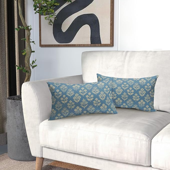Light Blue Pillow Covers 12x20 Inch Set of 2, Cream Floral Block Print Pattern - Image 6