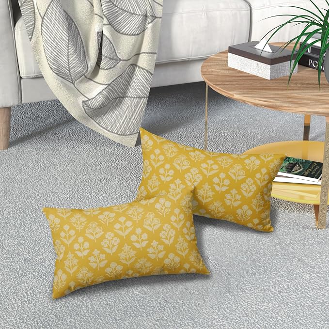 Yellow Pillow Covers 12x20 Inch Set of 2, Cream Floral Block Print Pattern - Image 7