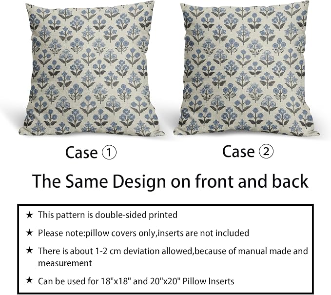 Black Blue Floral Block Print Pillow Covers 20x20 Inch Set of 2, Vintage Flower - Image 6