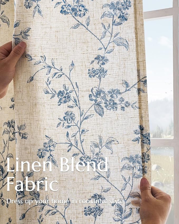 jinchan Linen Floral Curtains for Living Room 96 Inch Length Blue Printed - Image 3