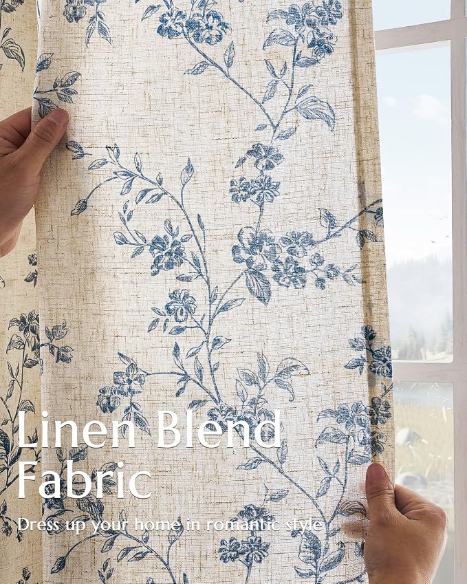 jinchan Linen Floral Curtains for Living Room 84 Inch Length Blue Printed - Image 4