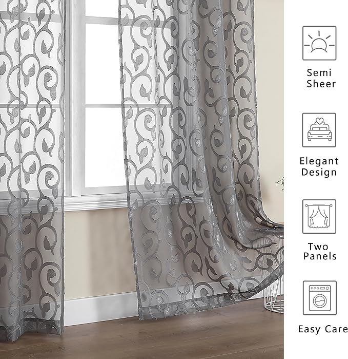 OWENIE Furman Sheer Curtains Tiers 24 Inch Length 2 Panels Set, Geometric - Image 6