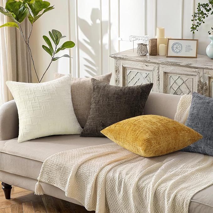 decorUhome Oatmeal Chenille Throw Pillow Covers 16x16 Set of 2 Textured Soft - Image 5