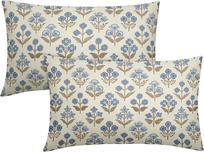 Brown Blue Floral Pillow Covers 12x20 Inch Set of 2, Block Print Lumbar Flower by Sivirary