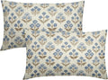 Brown Blue Floral Pillow Covers 12x20 Inch Set of 2, Block Print Lumbar Flower by Sivirary