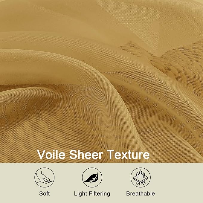 Gold Sheer Curtains 84 Inches Long 2 Panels, Soft Airy Light Filtering Curtains - Image 7