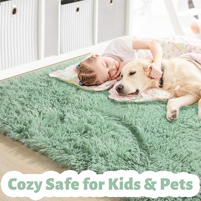 Sage Green Rugs for Bedroom Living Room Aesthetic, Fluffy Furry Area Rug 5x8 - Image 2