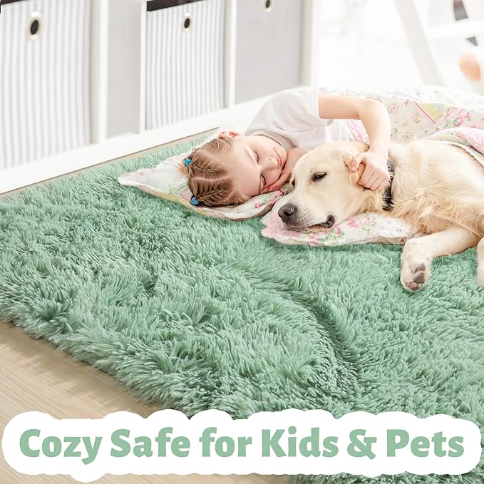 Amdrebio Sage Green Area Rugs for Living Room Bedroom Aesthetic, Fluffy Furry - Image 2