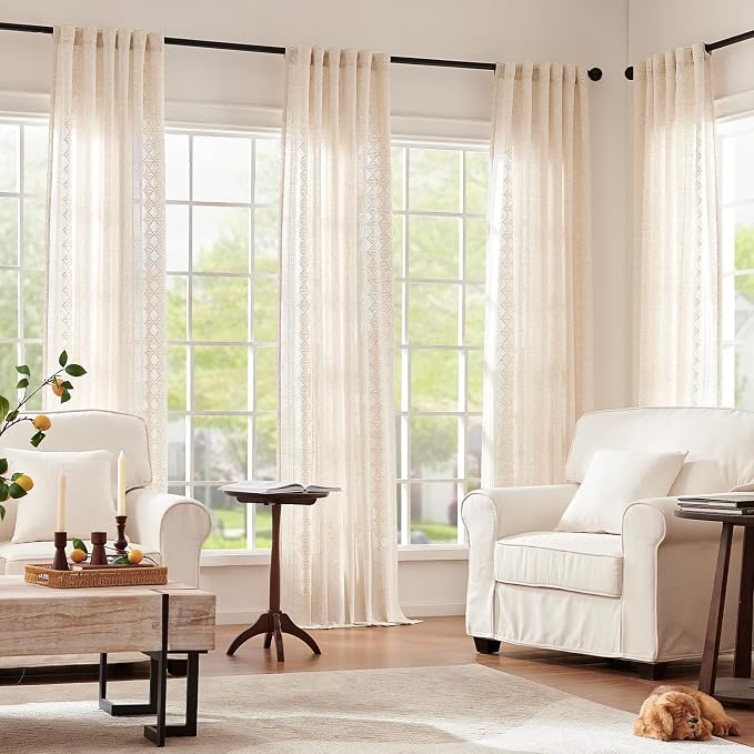 jinchan Boho Curtains Linen Blend Ivory Farmhouse Curtains 96 Inches Long - Image 5