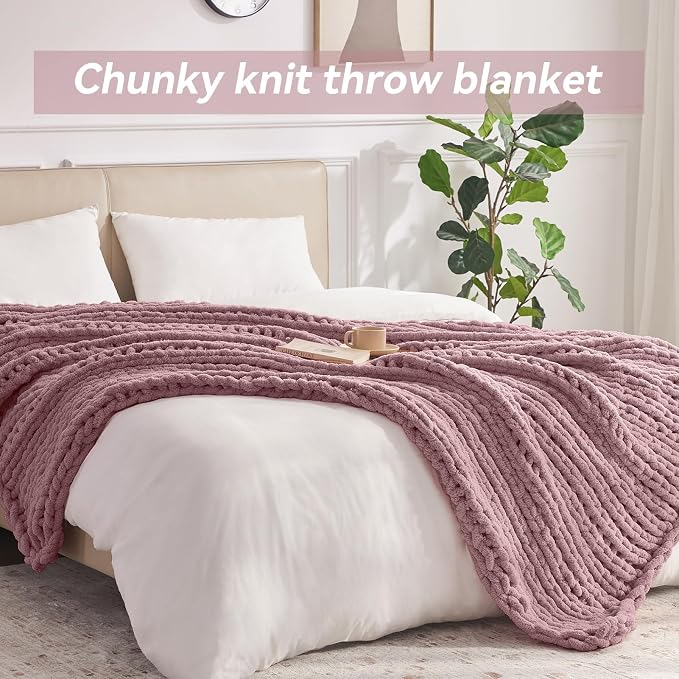 Negwoo Chunky Knit Throw Blanket, Handmade Muted Pink Crochet Big Thick Blanket - Image 5