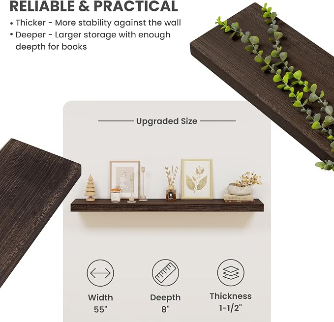 Solid Wood Floating Shelves for Wall 55"W x 8"D x 1.56"H Set of 1, Deep Wall - Image 4