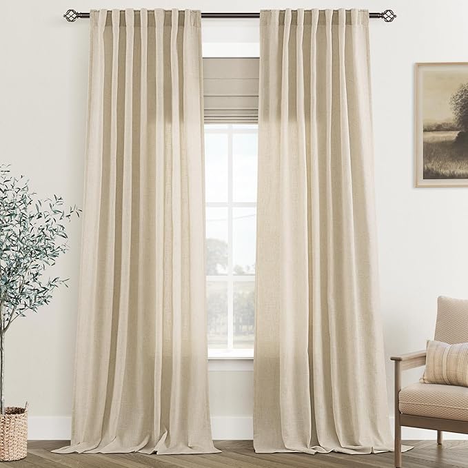 Greyish Beige Linen Curtain 108 inch Length 2 Panels Set Back Tab Light by Jolilight