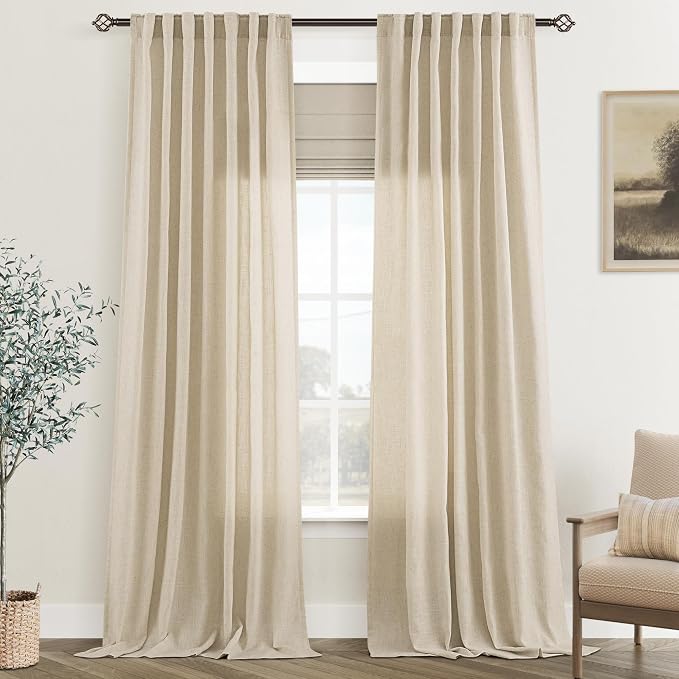 Greyish Beige Linen Curtain 90 inch Length 2 Panels Set Back Tab Light by Jolilight