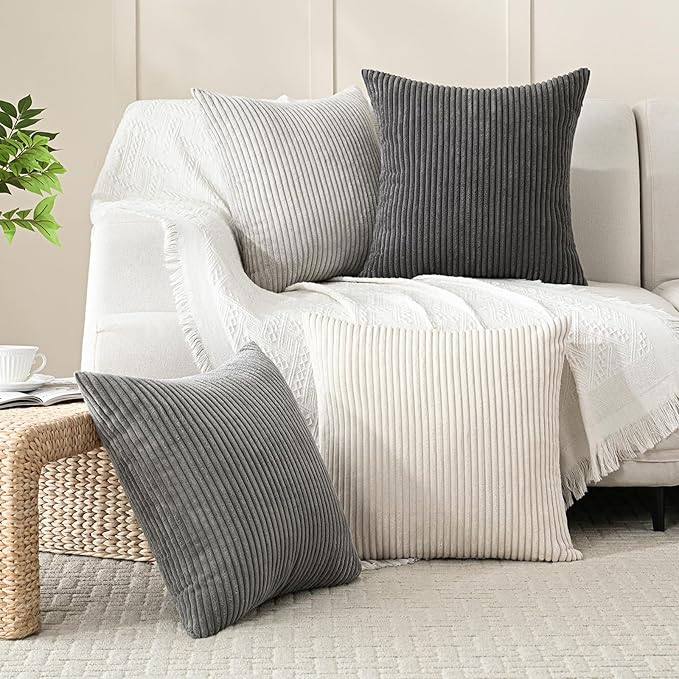 Volcanics Set of 4 Neutral Grey Corduroy Decorative Couch Throw Pillow Covers - Image 5