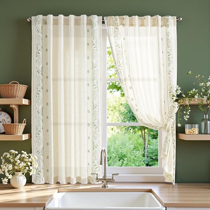 jinchan Winslow Linen Curtains 54 Inch Length Small Window Curtains Embroidered by JINCHAN