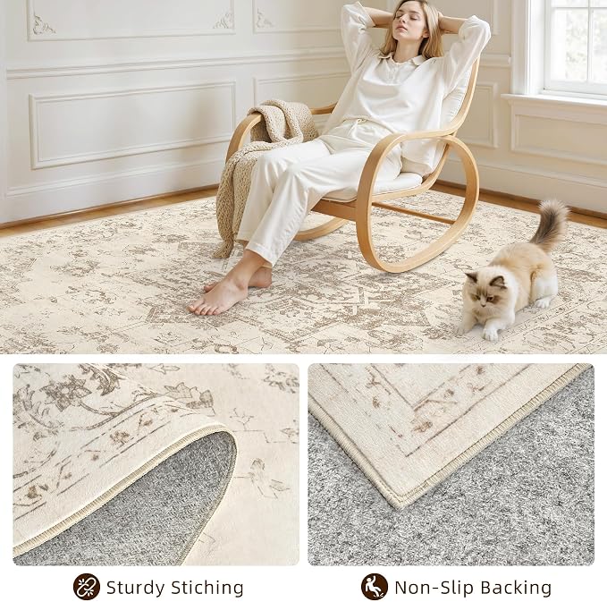 5x7 Area Rugs for Living Room: Vintage Boho Neutral Washable Rug Indoor Soft - Image 4