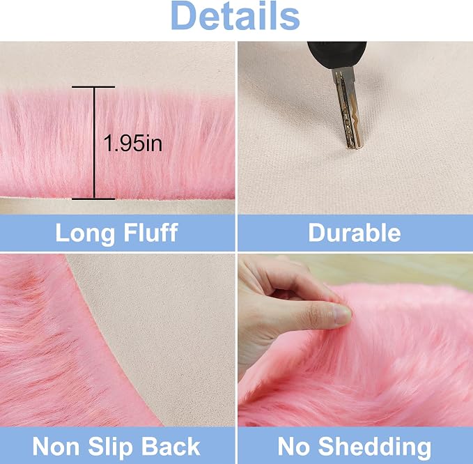 4 Ft Fluffy Round Pink Rugs for Bedroom Girls, Plush Faux Sheepskin Fur Rug for - Image 2