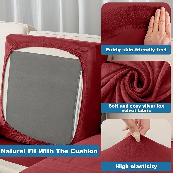Couch Cover 4-Piece Elastic Velvet Couch Cushion Covers & Chaise Slipcovers - Image 5