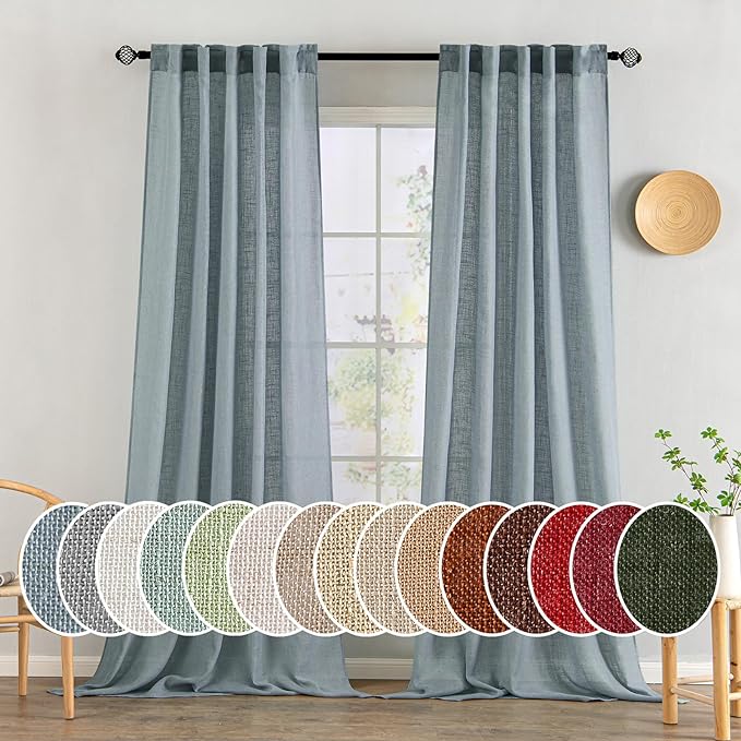 MIULEE Dusty Blue Linen Curtains 90 Inch Long 2 Panels by MIULEE