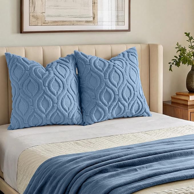 decorUhome Throw Pillow Covers 26x26 Inch Set of 2, Soft Plush Faux Wool Blue - Image 7