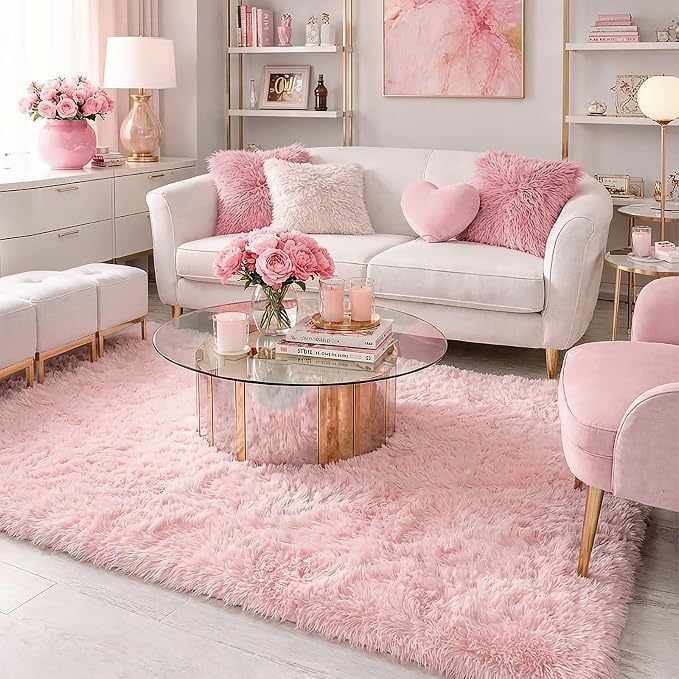 Pink Area Rugs for Bedroom Girls, Living Room Decor, Fluffy Fuzzy Shag Rug 4x6 - Image 8