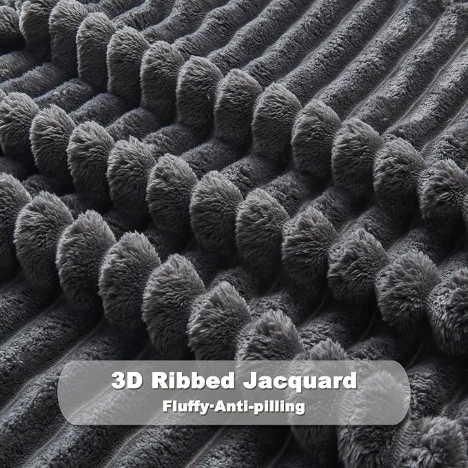 NEWCOSPLAY Super Soft King Blanket Grey Premium Silky Flannel Fleece 3D Ribbed - Image 5