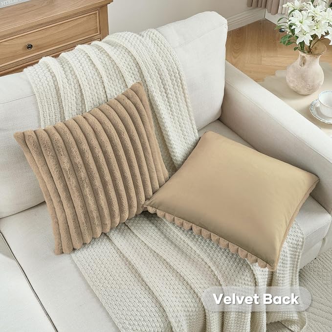 FUTEI Khaki Decorative Throw Pillow Covers Set of 2, 20x20 Inch Soft Fluffy - Image 4