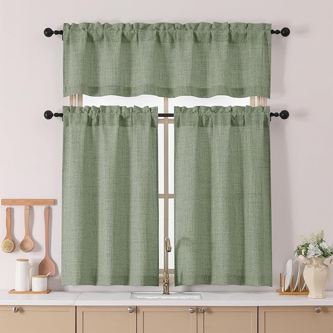 Chyhomenyc Green Valance for Windows, Light Filtering Faux Linen Slub Textured - Image 2