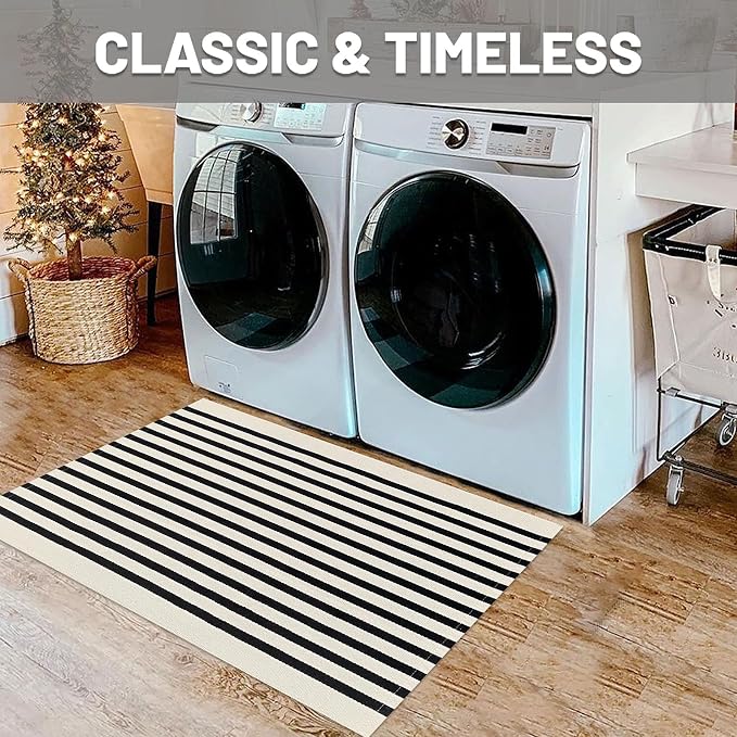 IOHOUZE Black Beige Striped Rug -2'x3' Front Door Rugs Outdoor, Small Washable - Image 4