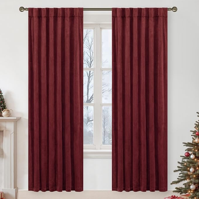 LAMIT Velvet Curtains 80 Inch for Theater, Burgundy Red Thermal Insulated by LAMIT