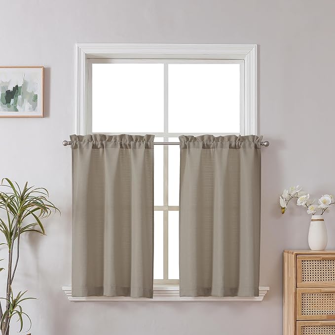Chyhomenyc 2-Panel Stone Beige Kitchen Curtains, 36 Inch Length Tier, Faux by Chyhomenyc